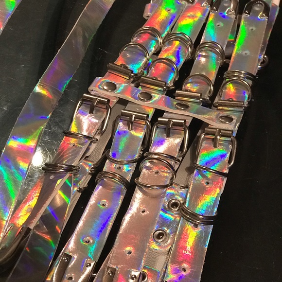 Holographic iridescent strap top belt buckle rave goth bikini festival sexy punk - Picture 5 of 7